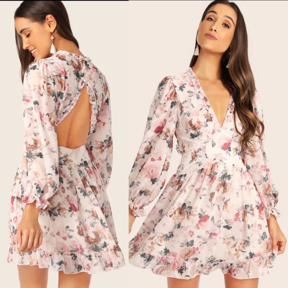 Ruffle open back long lantern sleeve dress floral - Picture 2 of 3